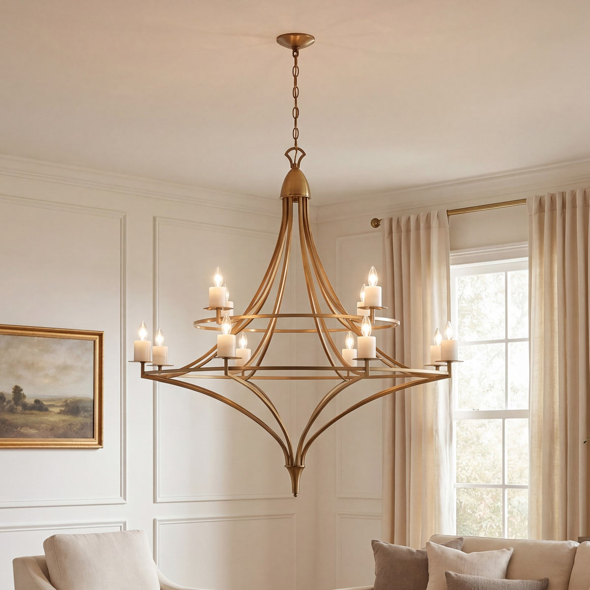 12 Light Chandelier, Warm Brass