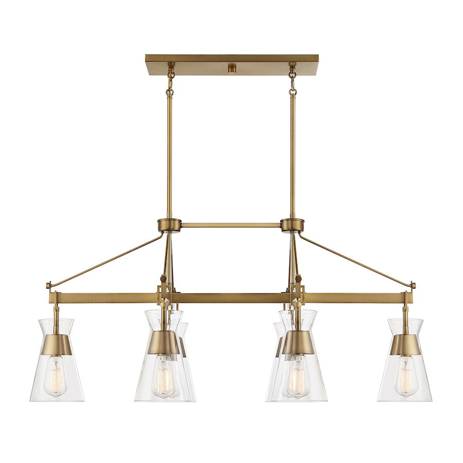 6 Light Linear Chandelier, Warm Brass