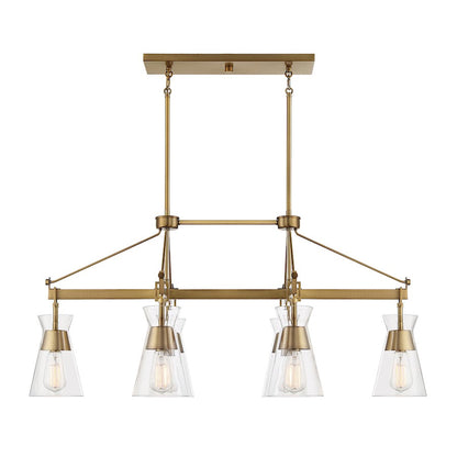 6 Light Linear Chandelier, Warm Brass