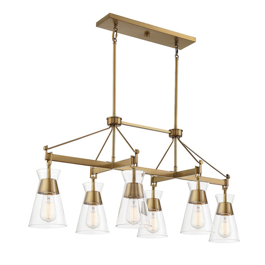 6 Light Linear Chandelier, Warm Brass