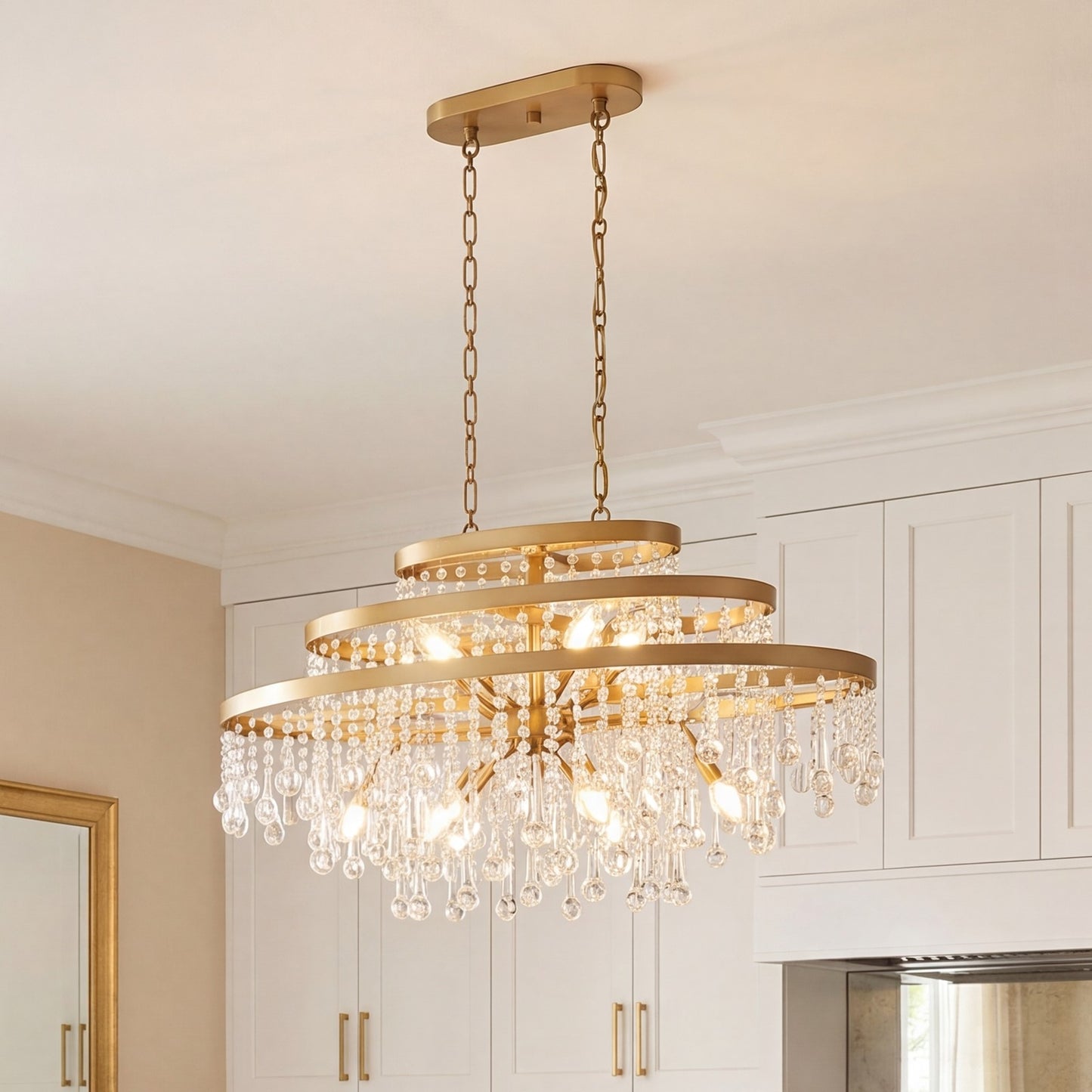10 Light Oval Chandelier, Warm Brass