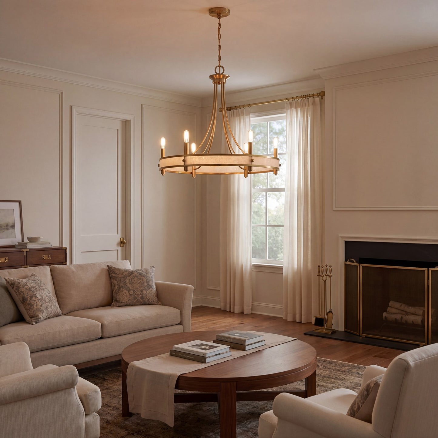 6 Light Chandelier, Warm Brass
