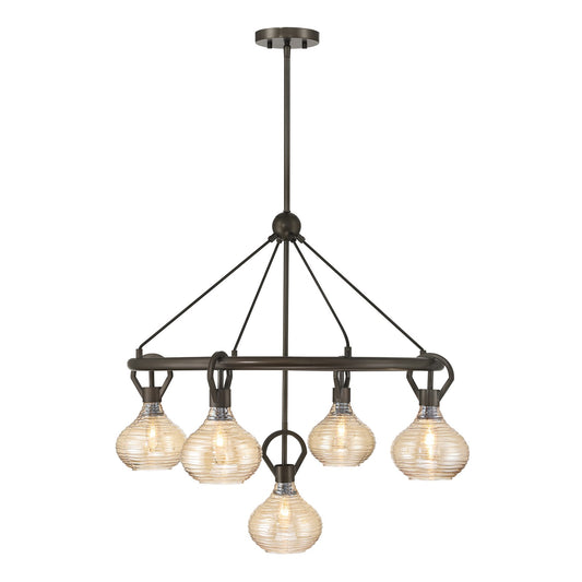 Savoy House Sheriden 30in 5-Light Chandelier | Artisanal Modern Mediterranean Bronze Metal and Bronze Rippled Glass | Dining Room & | Model 1-2276-5-15