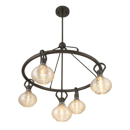 Savoy House Sheriden 30in 5-Light Chandelier | Artisanal Modern Mediterranean Bronze Metal and Bronze Rippled Glass | Dining Room & | Model 1-2276-5-15