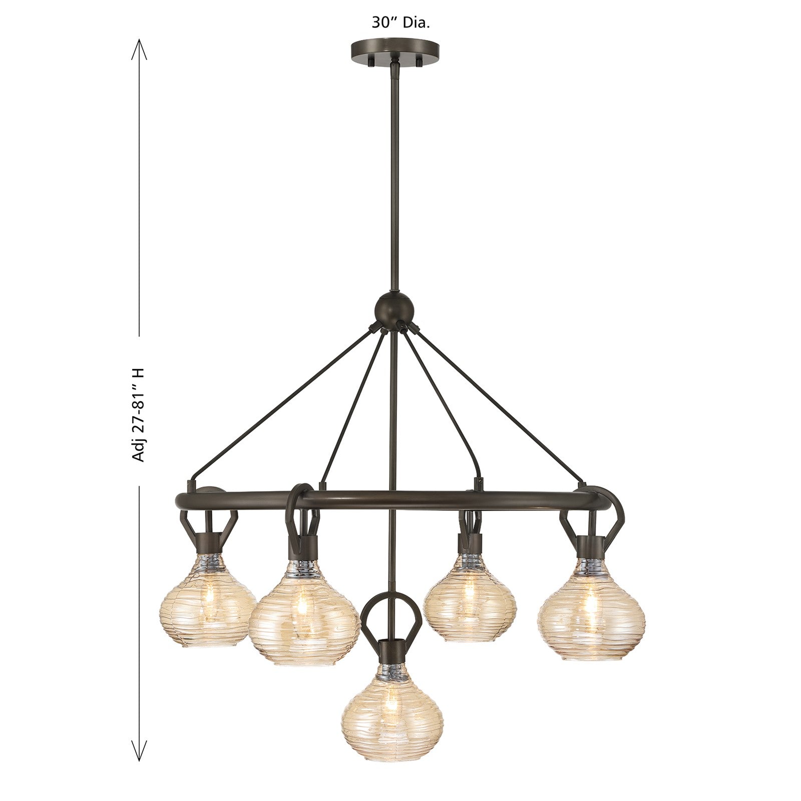 Savoy House Sheriden 30in 5-Light Chandelier | Artisanal Modern Mediterranean Bronze Metal and Bronze Rippled Glass | Dining Room & | Model 1-2276-5-15