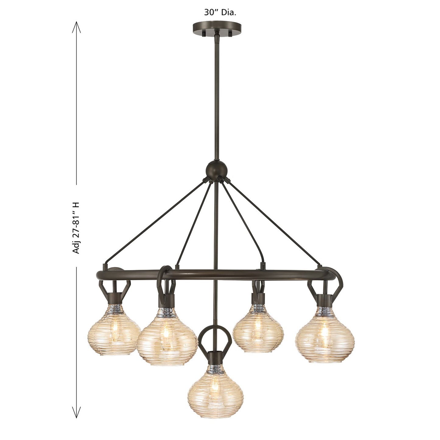 Savoy House Sheriden 30in 5-Light Chandelier | Artisanal Modern Mediterranean Bronze Metal and Bronze Rippled Glass | Dining Room & | Model 1-2276-5-15