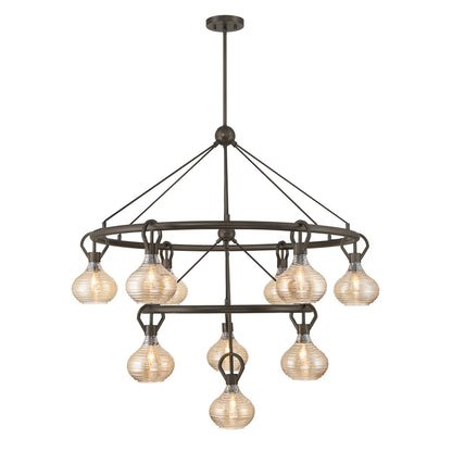 Savoy House Sheriden 40in 10-Light Chandelier | Artisanal Modern Mediterranean Bronze Metal and Bronze Rippled Glass | Grand Foyer & | Model 1-2277-10-15