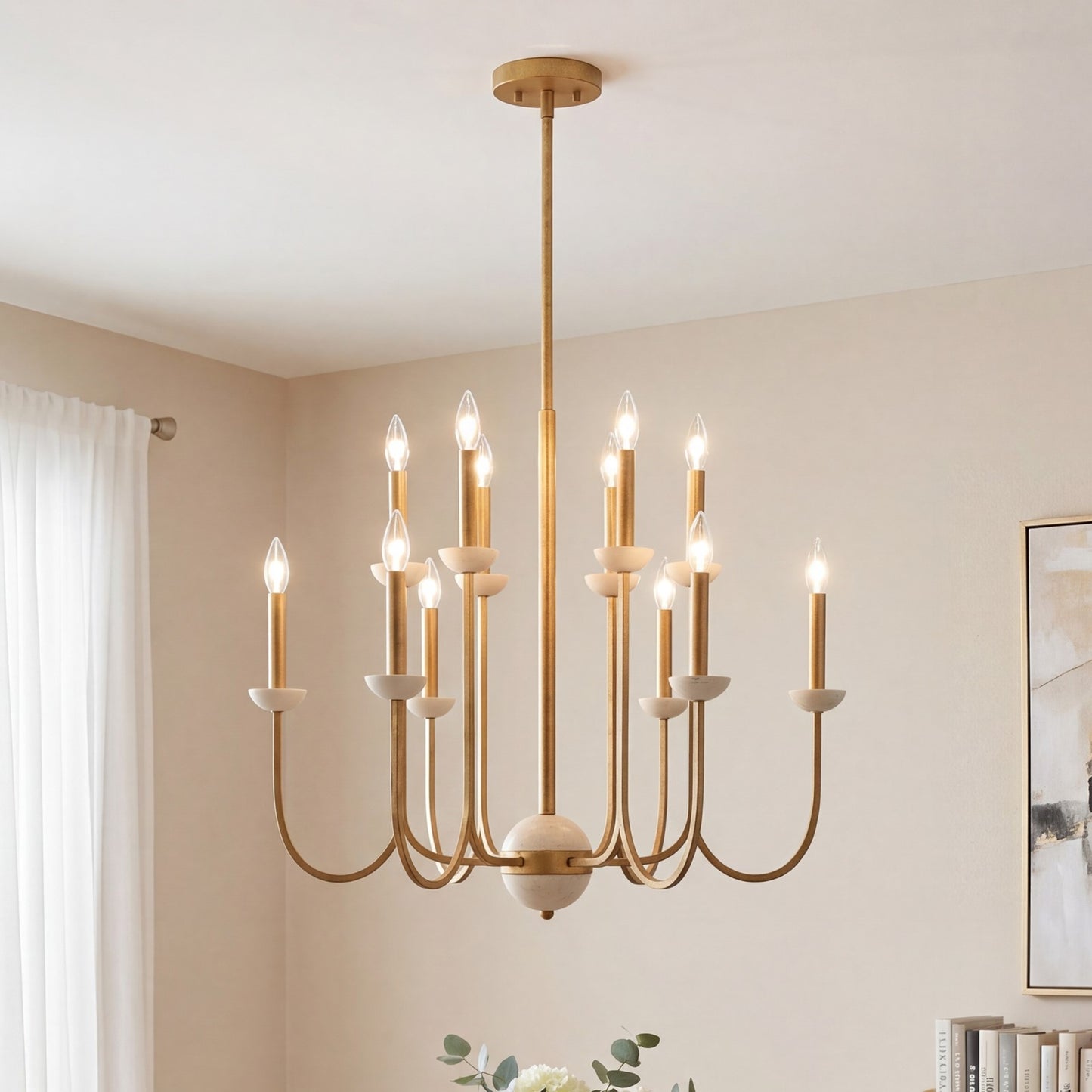 12 Light Chandelier, Antique Gold