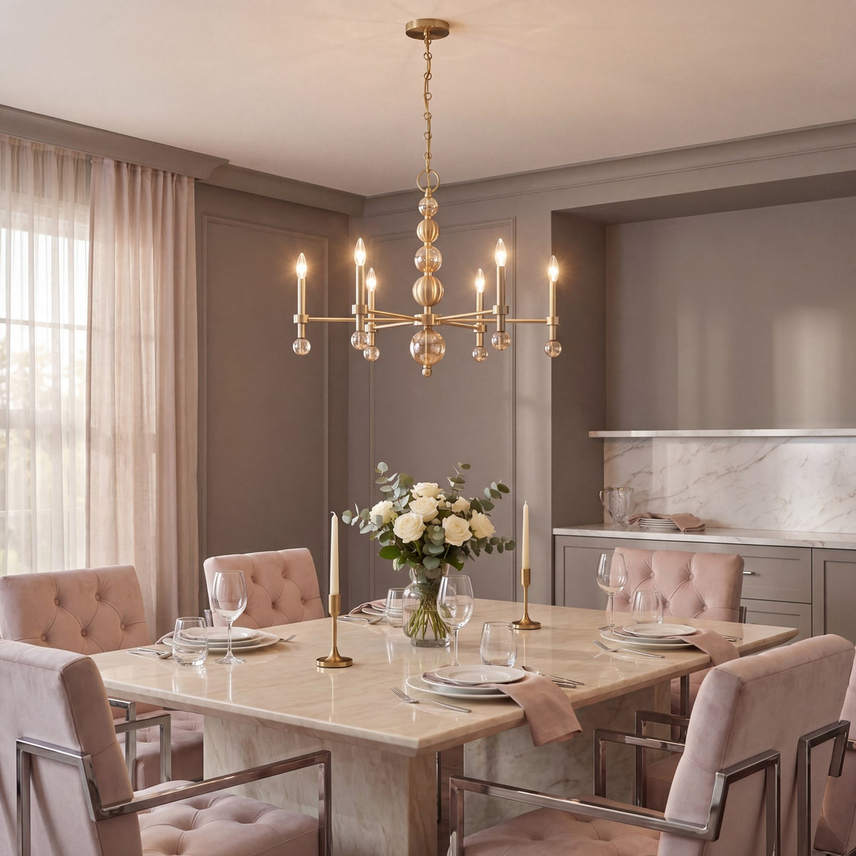 Savoy House Crescent 6 Lt 30" Chandelier, Noble Brass