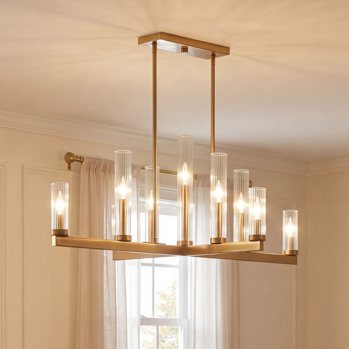 9 Light Chandelier, Warm Brass