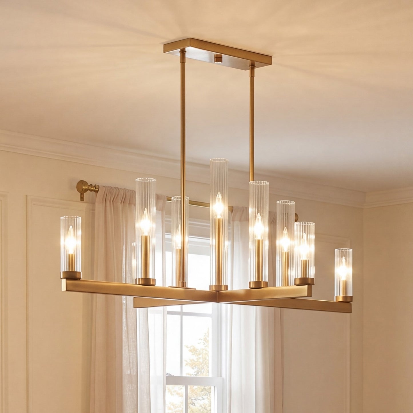 9 Light Chandelier, Warm Brass