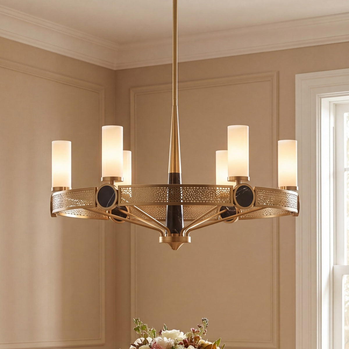 Savoy House Farrell 6 Lt Chandelier, White Opal, Warm Brass