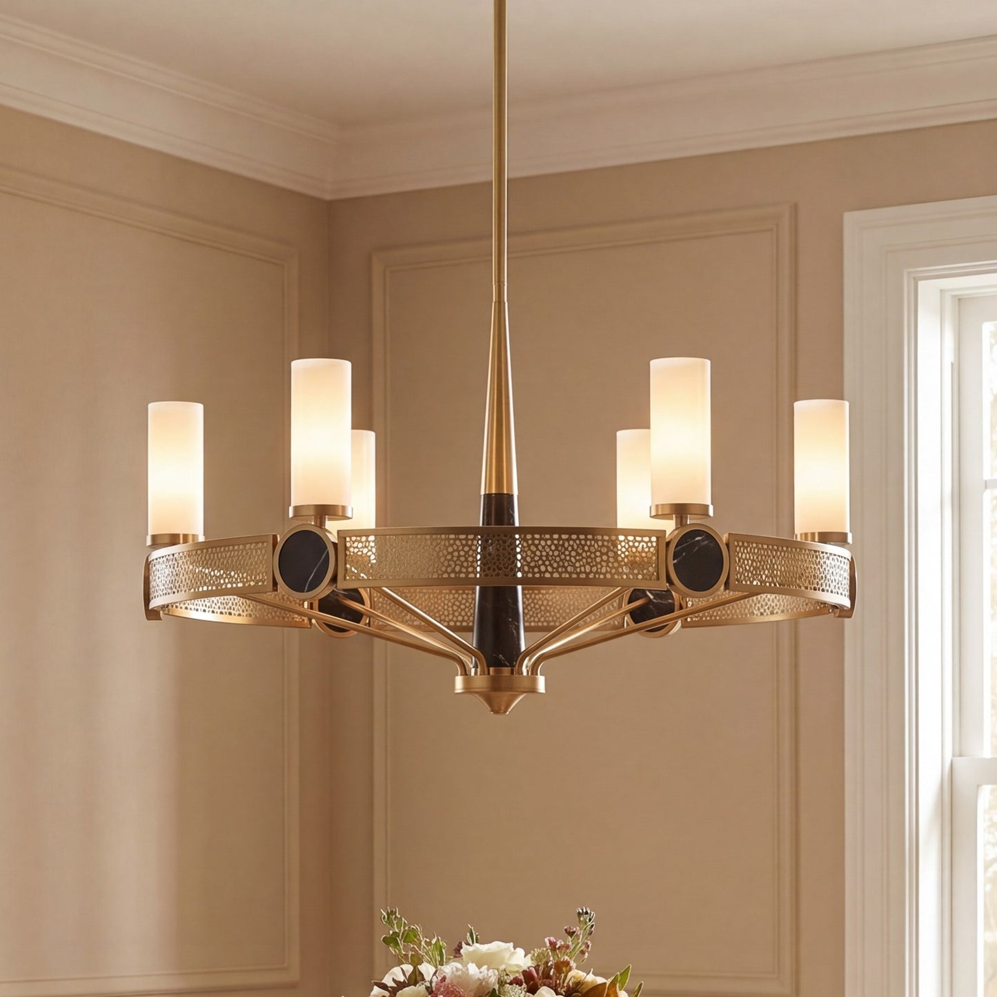 Savoy House Farrell 6 Lt Chandelier, White Opal, Warm Brass