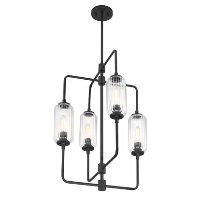 Savoy Essentials Holton 4Lt 28" Chandelier, Black/Clear Ribbed