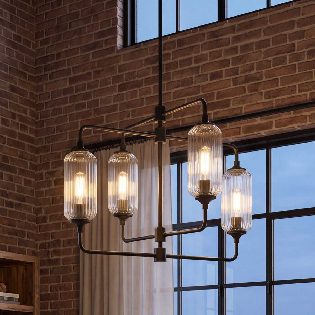 Savoy Essentials Holton 4Lt 20" Chandelier, Black/Clear Ribbed