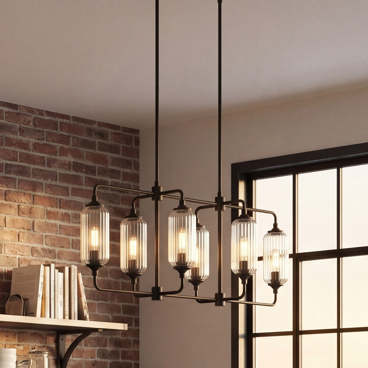 Savoy Essentials Holton 6Lt Linear Chandelier, Black/Clear Ribbed