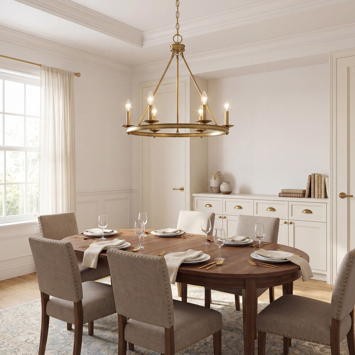 6 Light Chandelier, Warm Brass