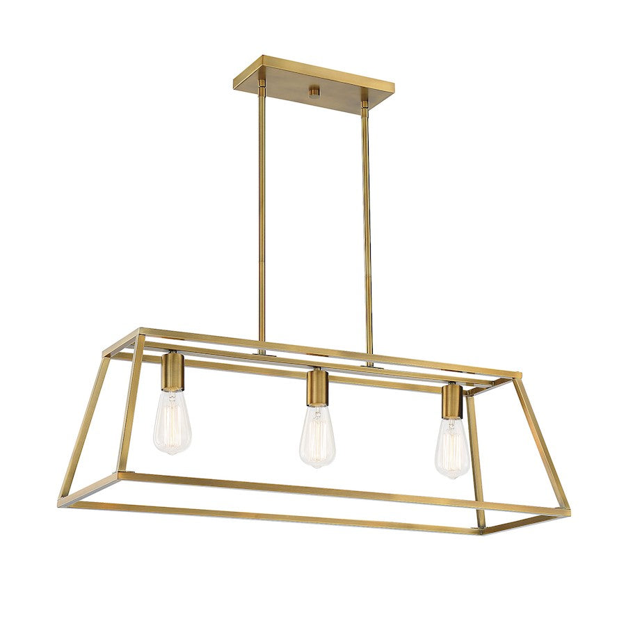 3 Light Linear Chandelier, Warm Brass