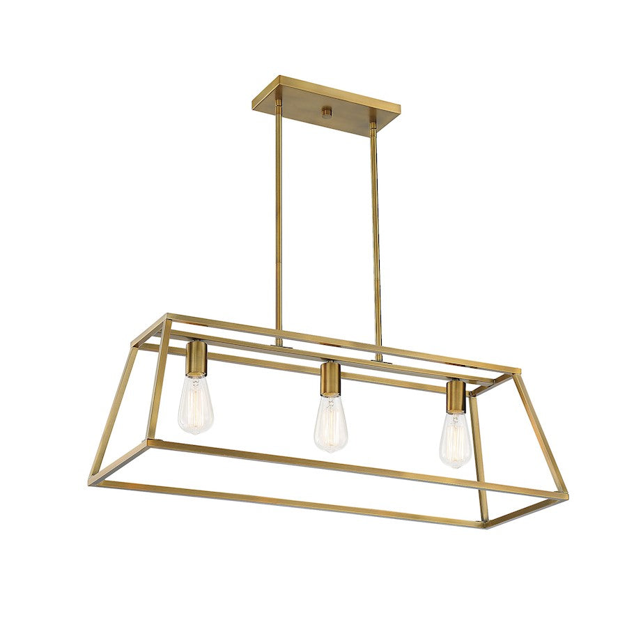 3 Light Linear Chandelier, Warm Brass