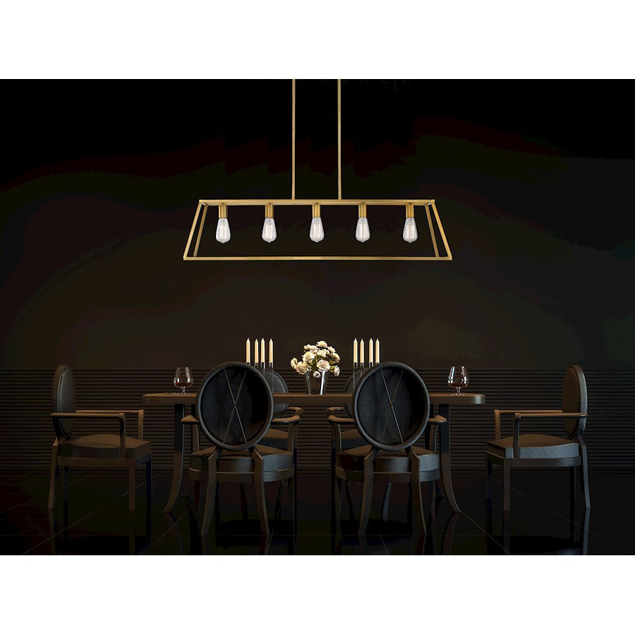 5 Light Linear Chandelier, Warm Brass