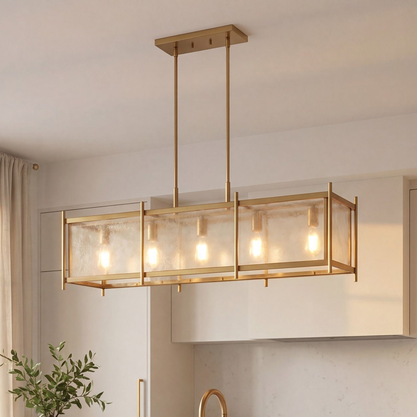 5 Light Linear Chandelier, Warm Brass