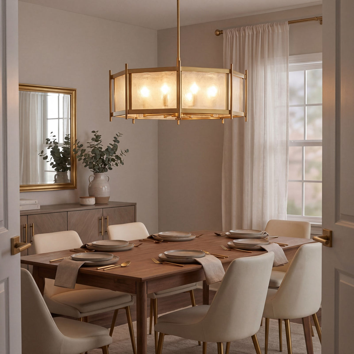 8 Light Chandelier, Warm Brass