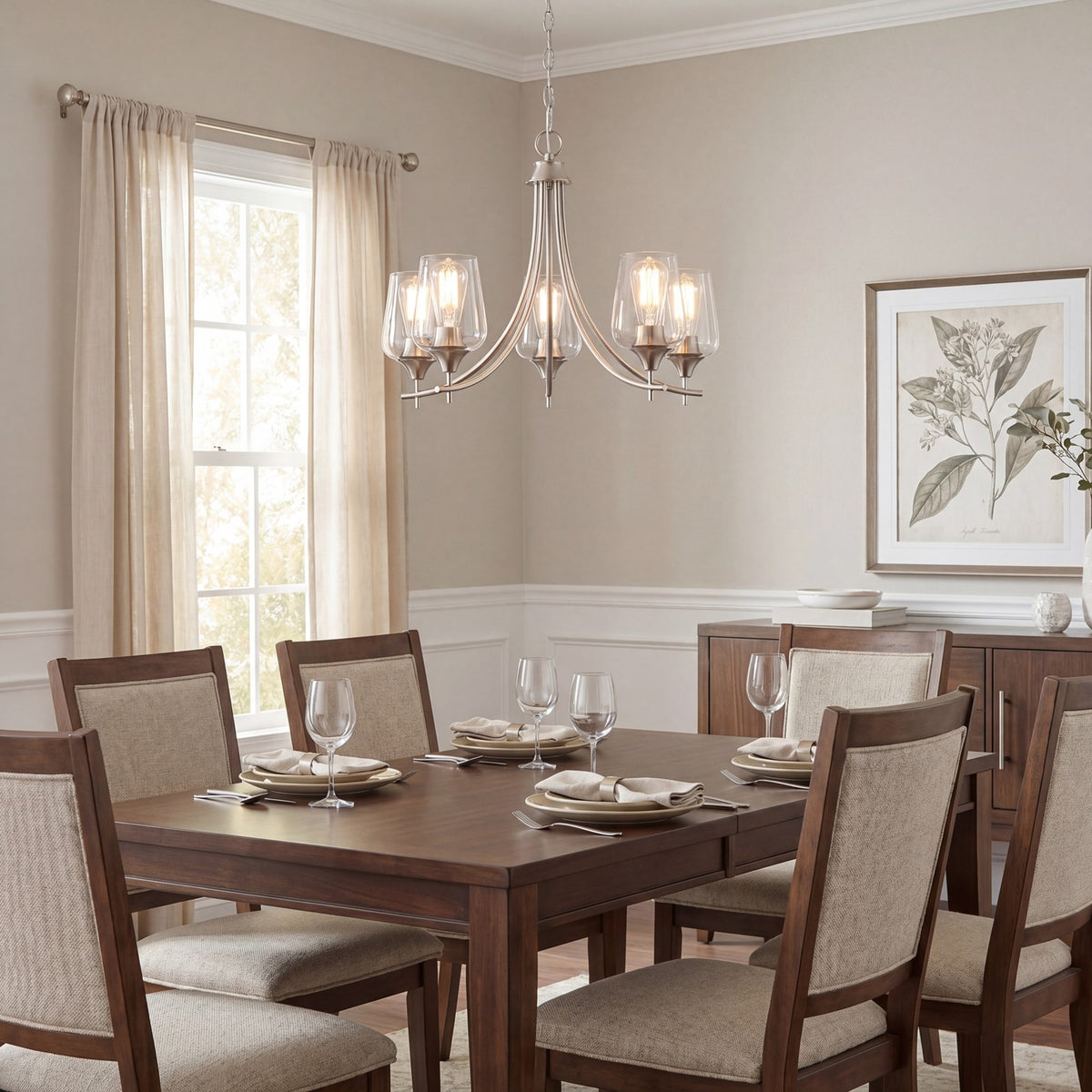 5 Light Chandelier, Satin Nickel