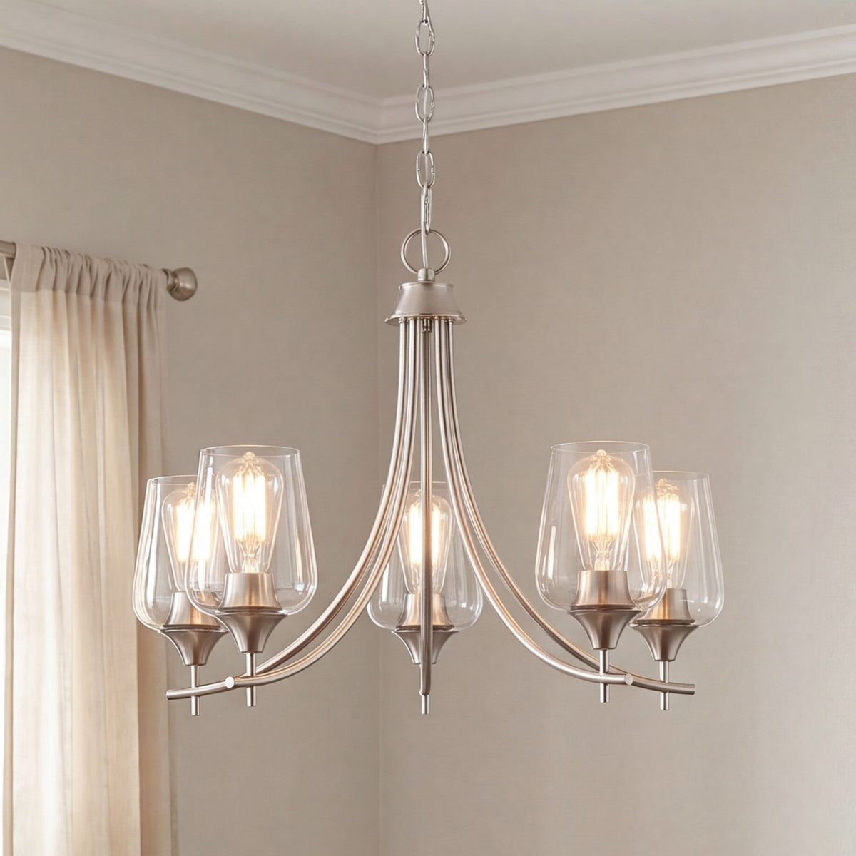 5 Light Chandelier, Satin Nickel