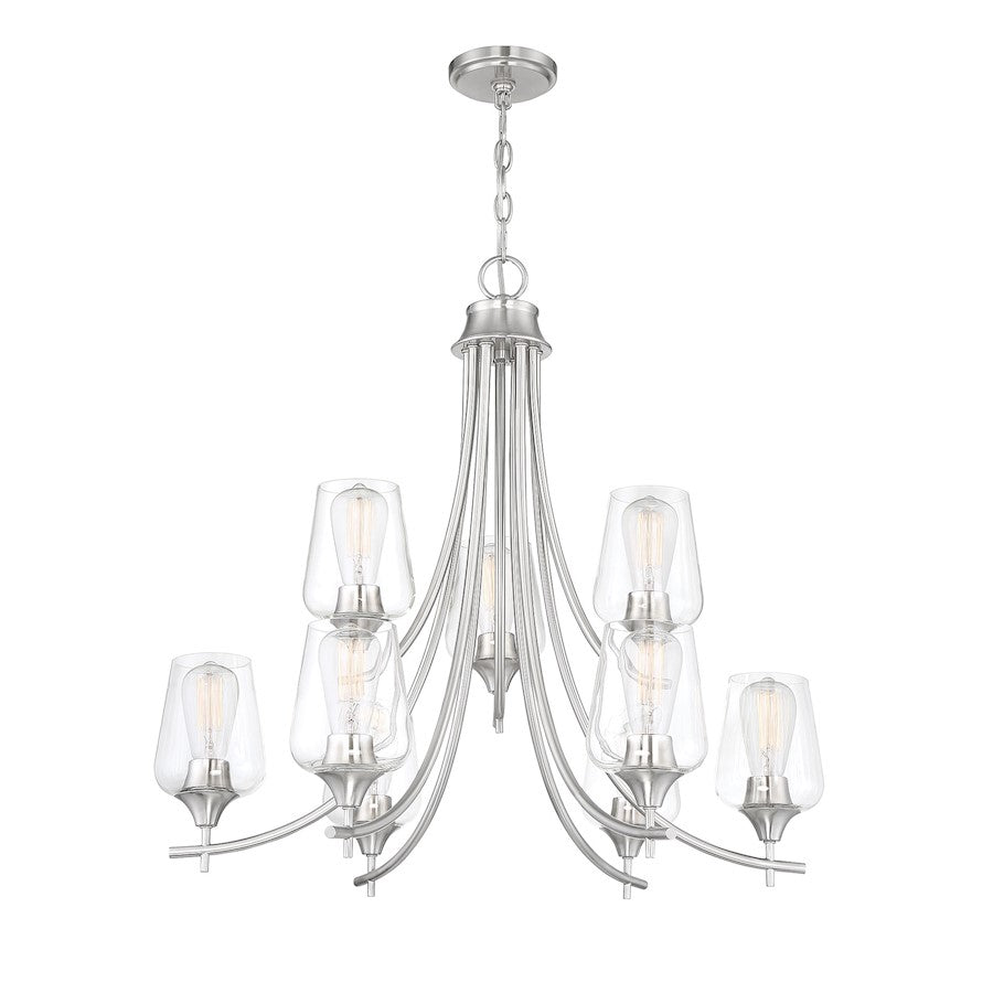 9 Light Chandelier, Satin Nickel