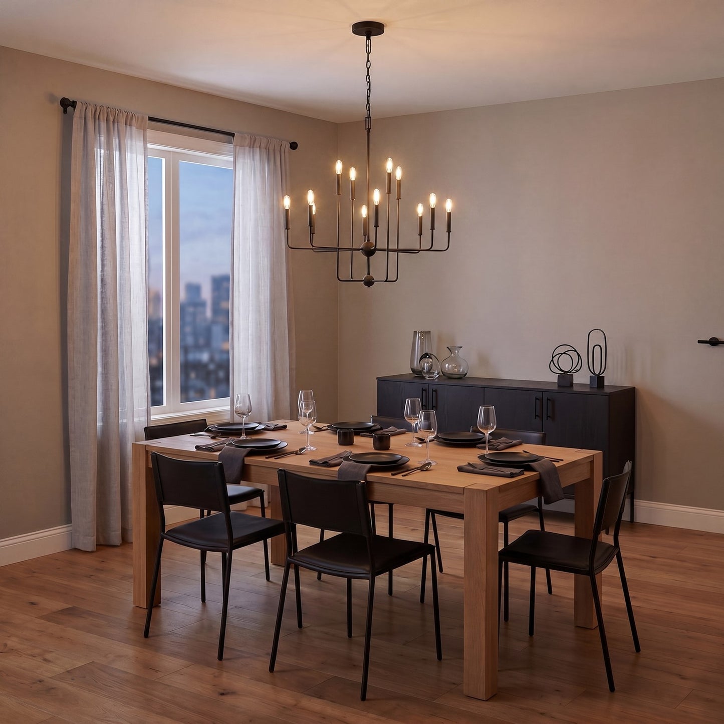 12 Light Chandelier, Matte Black