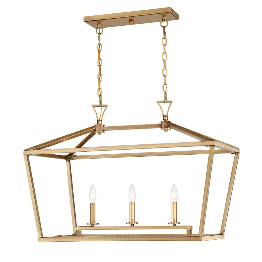 3 Light Linear Chandelier, Warm Brass