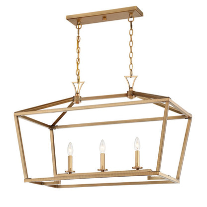 3 Light Linear Chandelier, Warm Brass