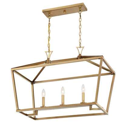 3 Light Linear Chandelier, Warm Brass