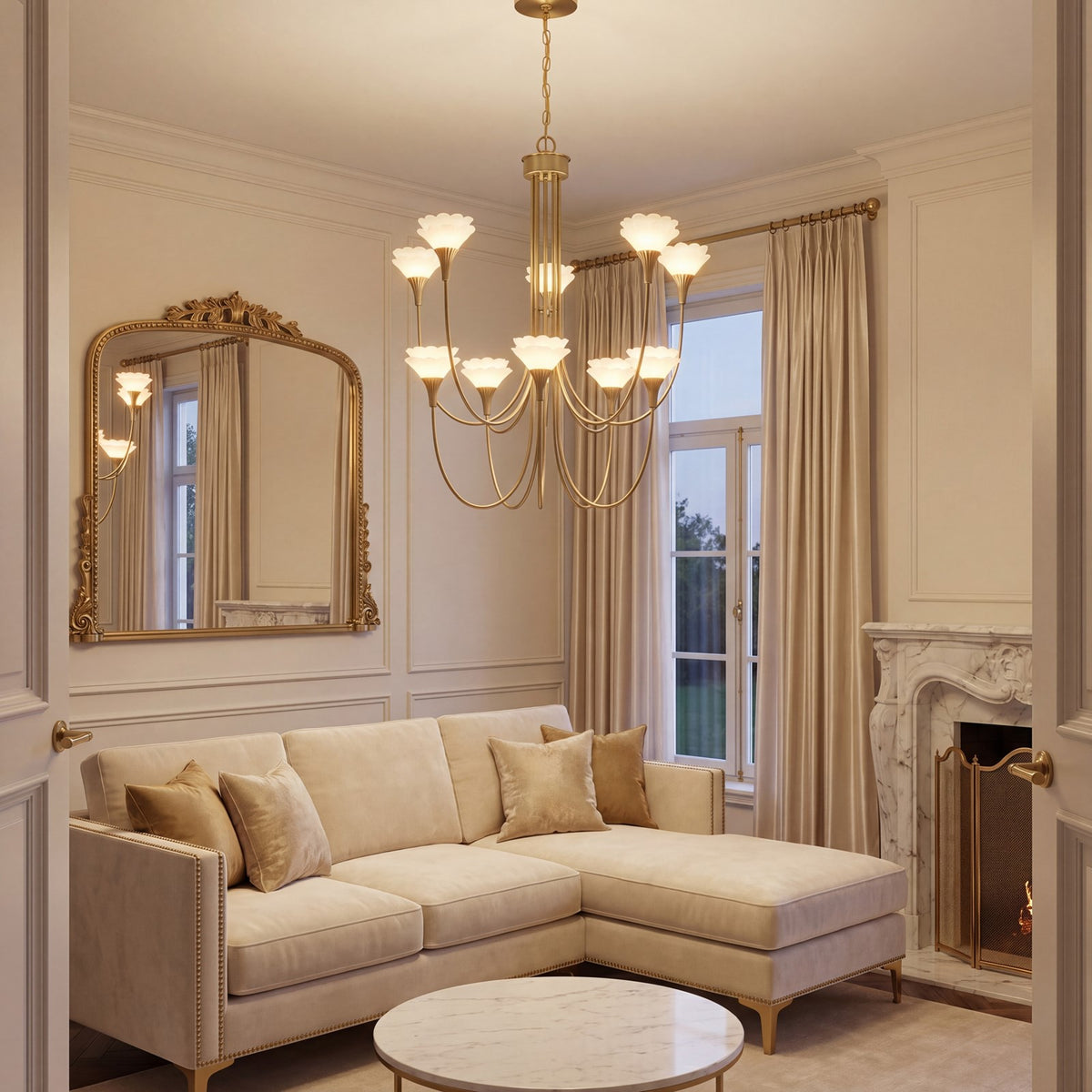 Savoy House Florena 10 Lt Chandelier, White, Noble Brass