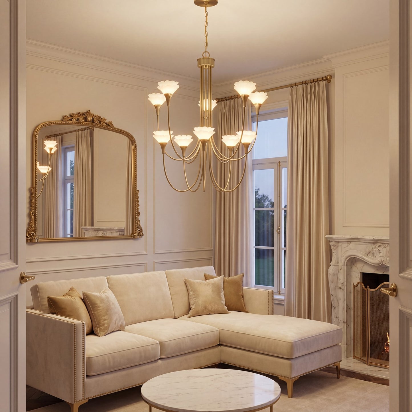 Savoy House Florena 10 Lt Chandelier, White, Noble Brass