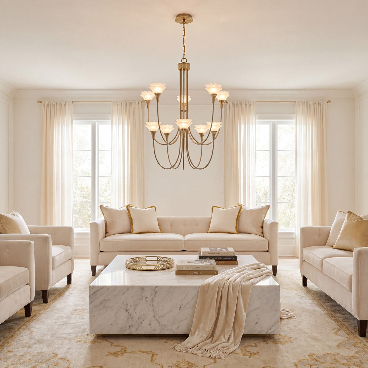 Savoy House Florena 10 Lt Chandelier, White, Noble Brass