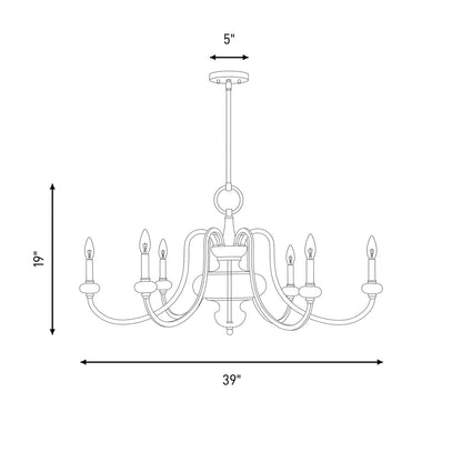 6 Light Chandelier, Warm Brass