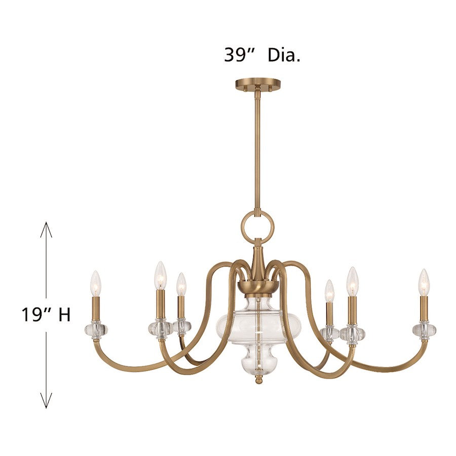 6 Light Chandelier, Warm Brass