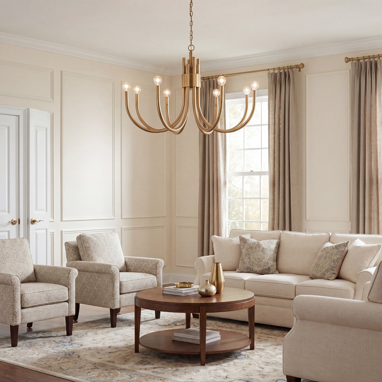 8 Light Chandelier, Noble Brass