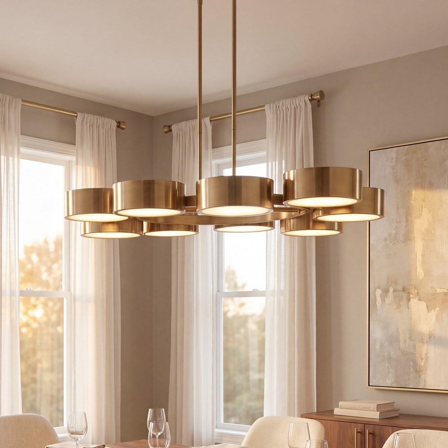 9 Light LED Chandelier, Noble Brass