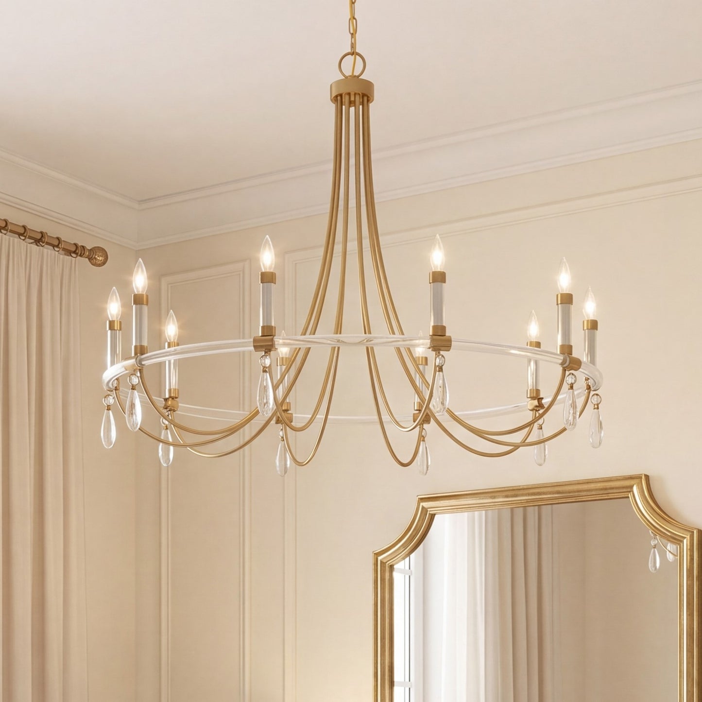 10 Light Chandelier, Warm Brass