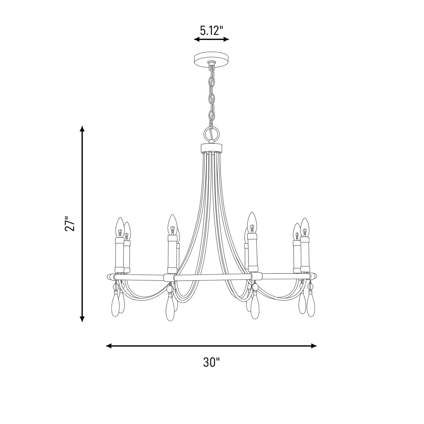 6 Light Chandelier, Warm Brass
