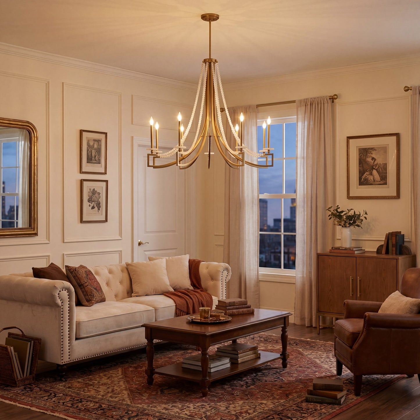 9 Light Chandelier, Warm Brass