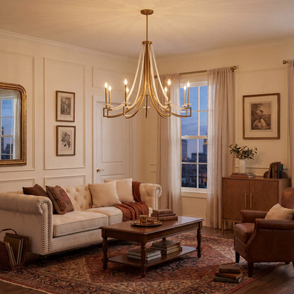9 Light Chandelier, Warm Brass