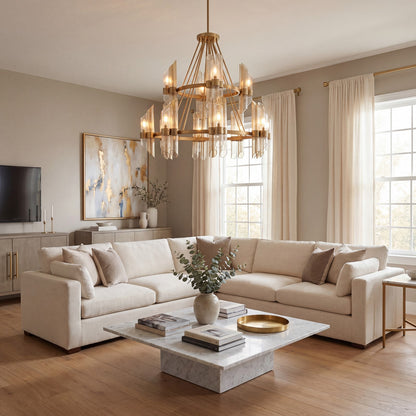 12 Light Chandelier, Warm Brass