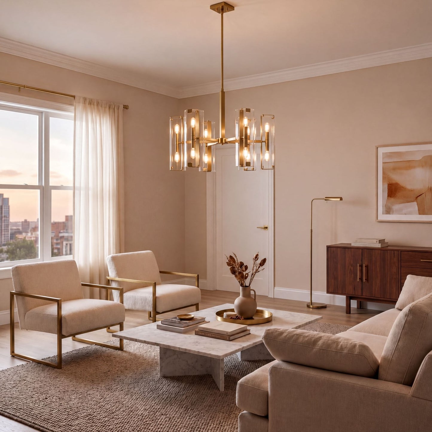 10 Light Chandelier, Warm Brass