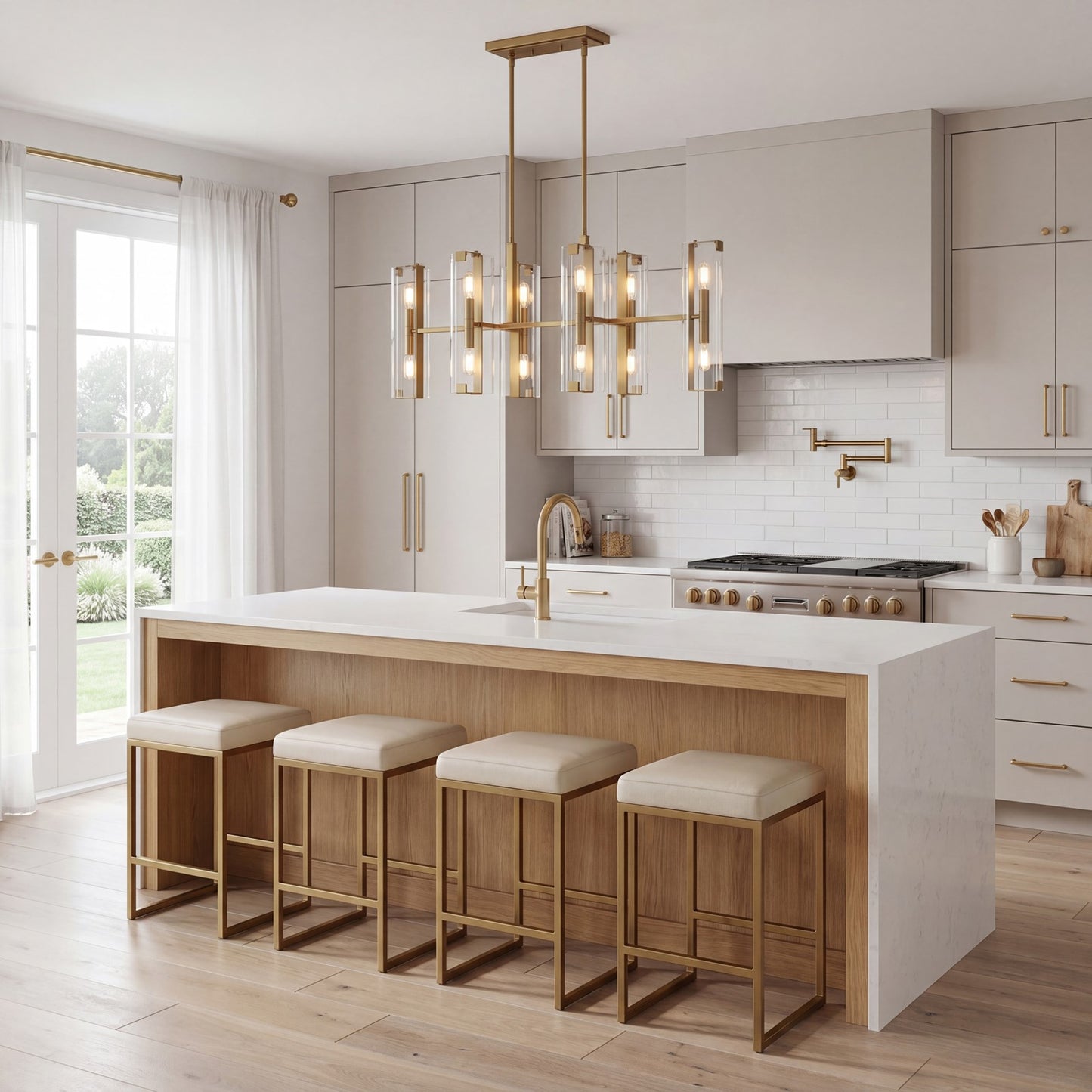 12 Light Linear Chandelier, Warm Brass