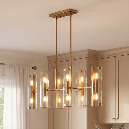 12 Light Linear Chandelier, Warm Brass