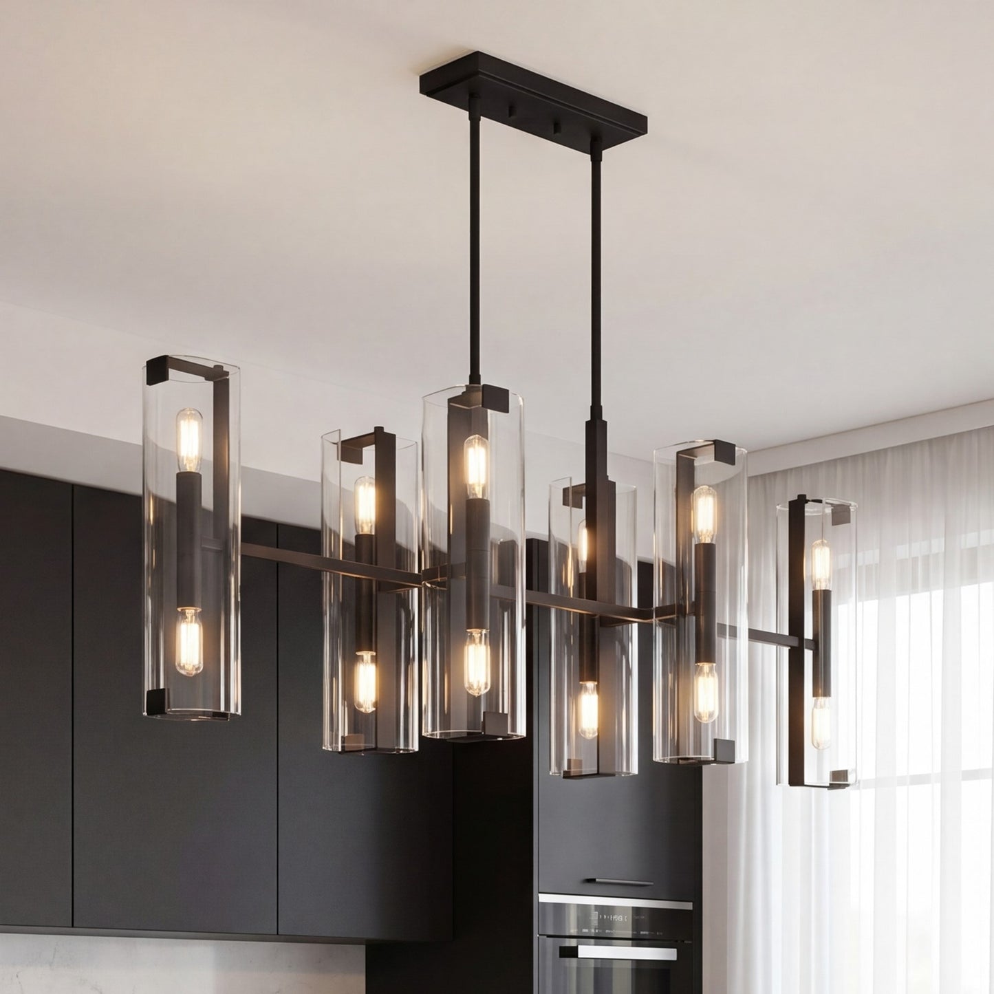 12 Light Linear Chandelier, Matte Black