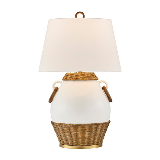Savoy House Penelope 1-Light Table Lamp | Coastal White Ceramic and Rattan with White Linen Shade | Bedroom & Living Room Accent | 21 x 21 | Model 11-CD29